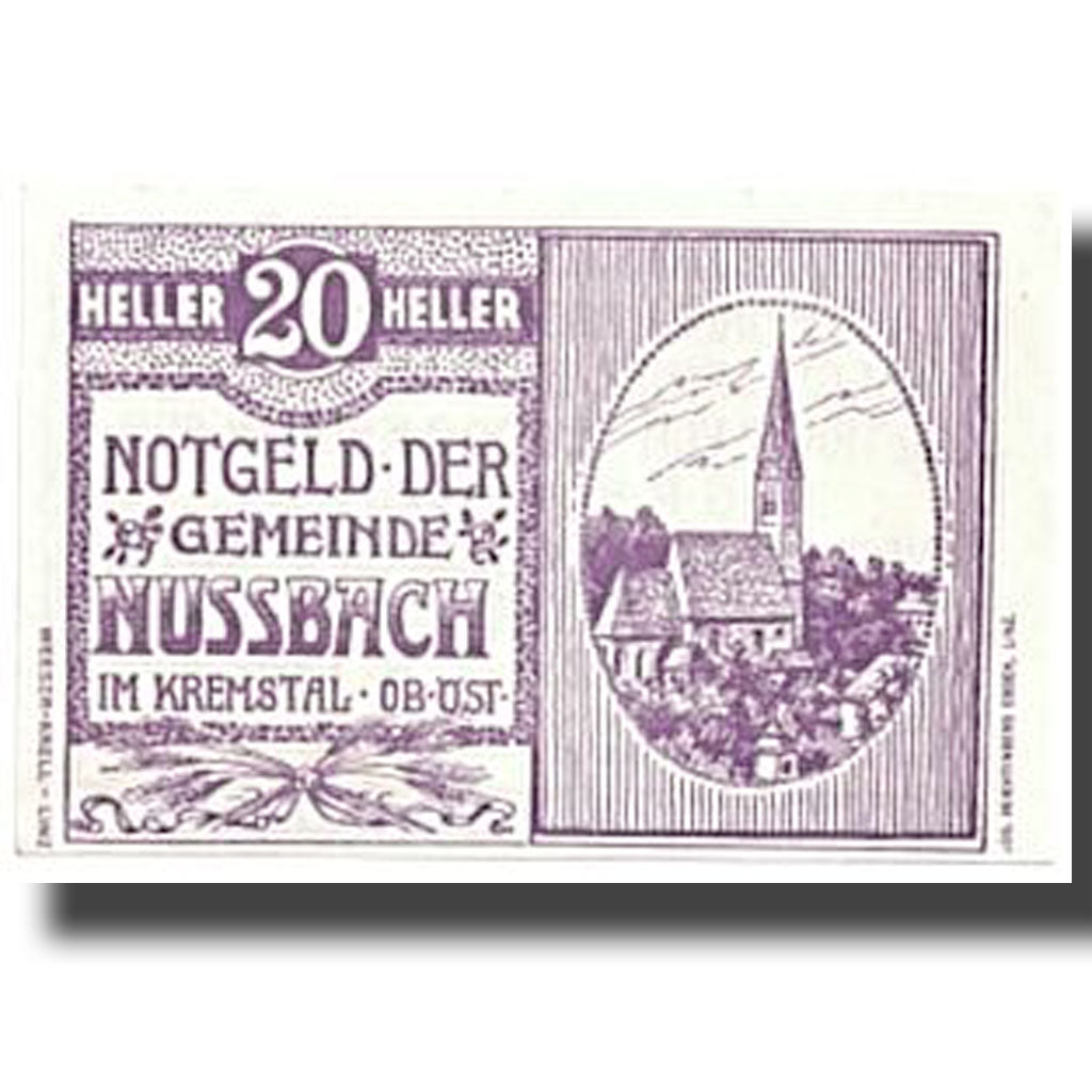 Banknote, Austria, Nussbach im Kremstal O.Ö. Gemeinde, 20 Heller, Eglise, 1920