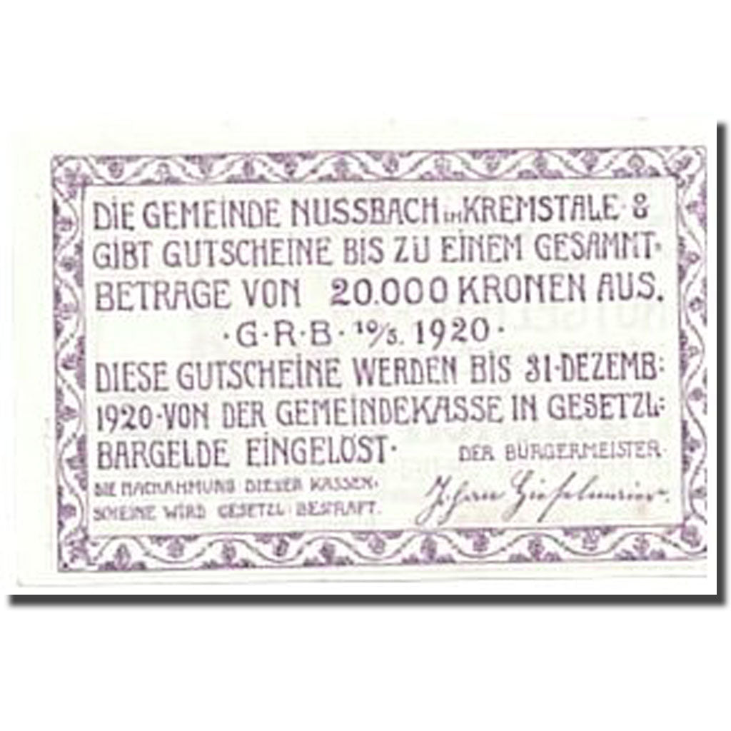 Banknote, Austria, Nussbach im Kremstal O.Ö. Gemeinde, 20 Heller, Eglise, 1920