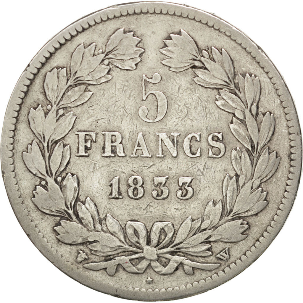 Moneda, Francia, Louis-Philippe, 5 Francs, 1833, Lille, BC+, Plata, KM:749.13