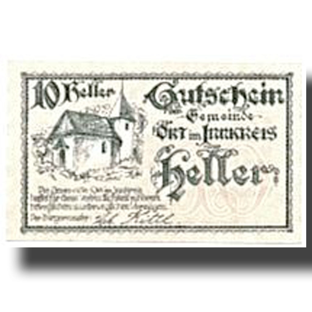 Banknote, Austria, Ort im Innkreis O.Ö. Gemeinde, 10 Heller, Eglise, UNC(63)