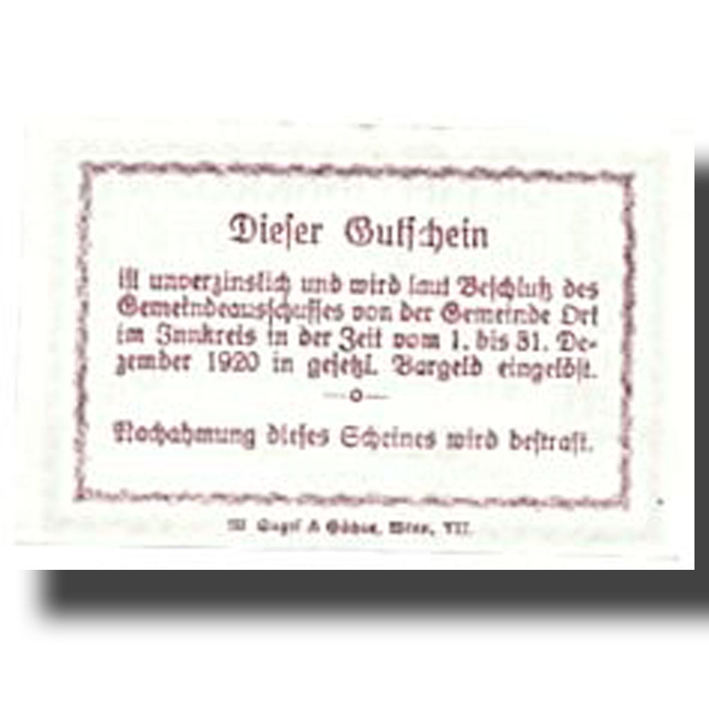 Banknote, Austria, Ort im Innkreis O.Ö. Gemeinde, 50 Heller, Eglise, UNC(63)