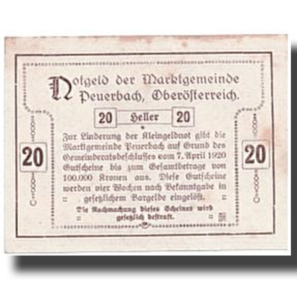 Banconote, Austria, Peuerbach, 20 Heller, paysage, 1920, 1920-04-07, SPL