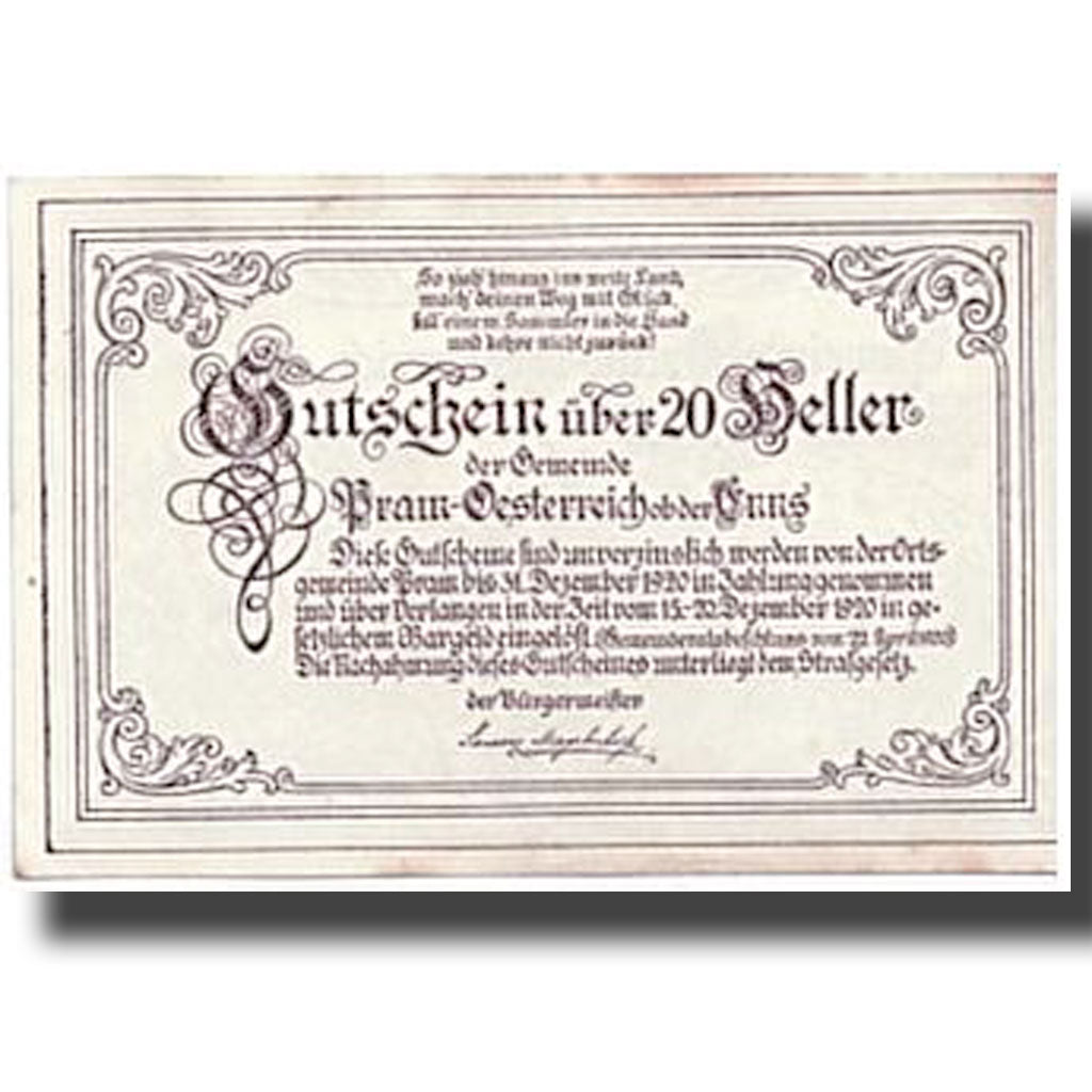 Geldschein, Österreich, Pram, 20 Heller, paysage, 1920, 1920-04-22, UNZ-