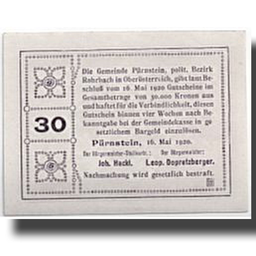 Banknote, Austria, Pürnstein, 30 Heller, paysage, 1920, 1920-05-16, UNC(63)