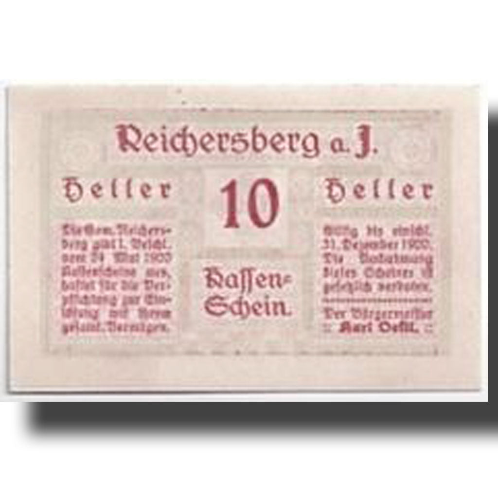 Banknote, Austria, Reichersberg, 10 Heller, paysage, 1920, 1920-05-24, UNC(63)