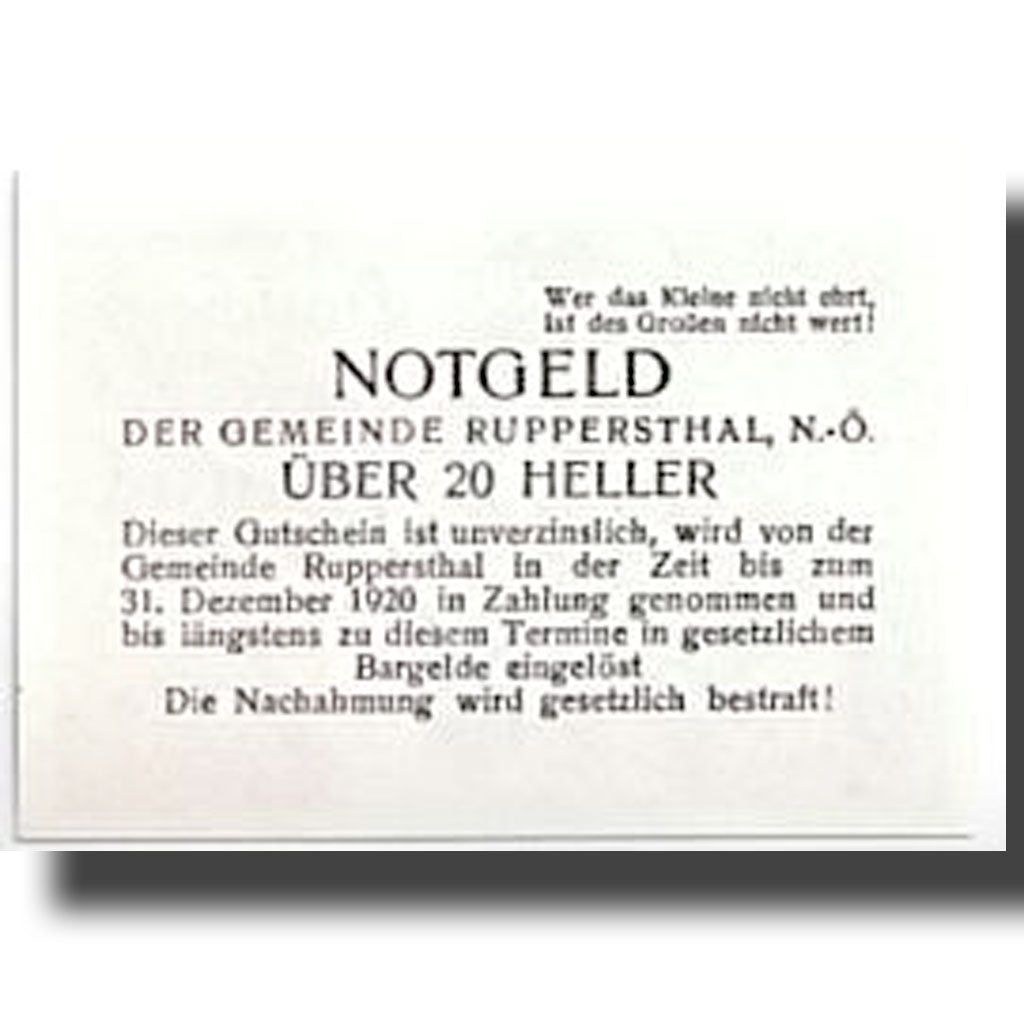 Geldschein, Österreich, Ruppersthal, 20 Heller, paysage, UNZ-, Mehl:FS 854c