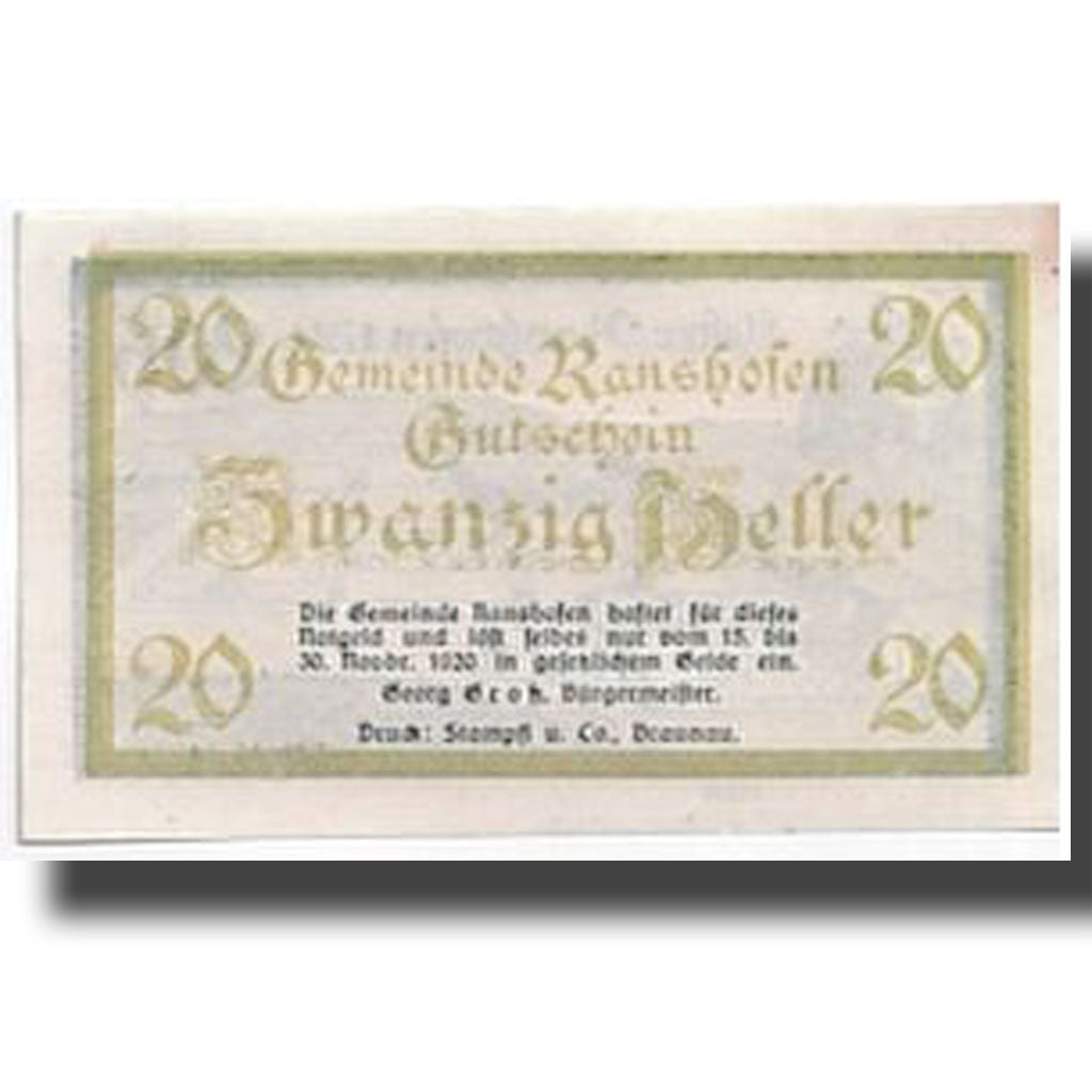 Banknote, Austria, Ranshofen, 20 Heller, paysage, UNC(63), Mehl:819Da
