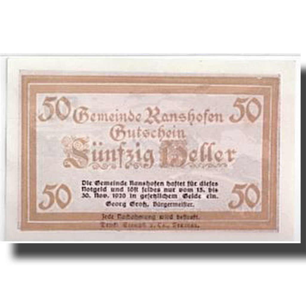 Banknote, Austria, Ranshofen, 50 Heller, paysage, UNC(63), Mehl:819Ea