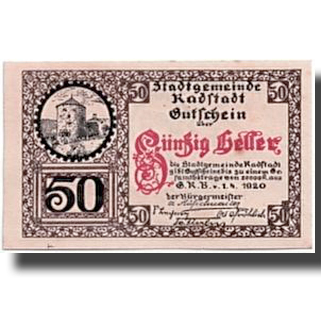 Banknote, Austria, Radstadt, 50 Heller, chateau 1, 1920, 1920-04-01, UNC(63)