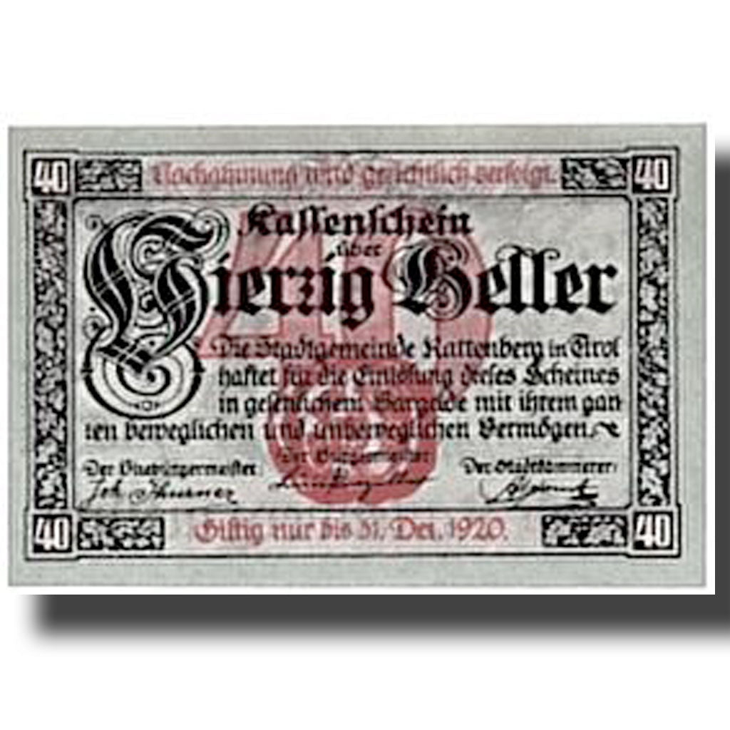 Banknote, Austria, Rattenberg Tirol Stadt, 40 Heller, paysage 1, UNC(63)