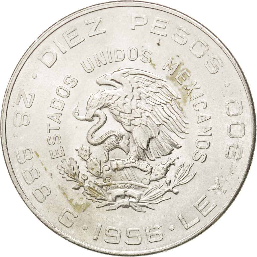 Moneta, Mexico, 10 Pesos, 1956, Mexico City, AU(55-58), Srebro, KM:474