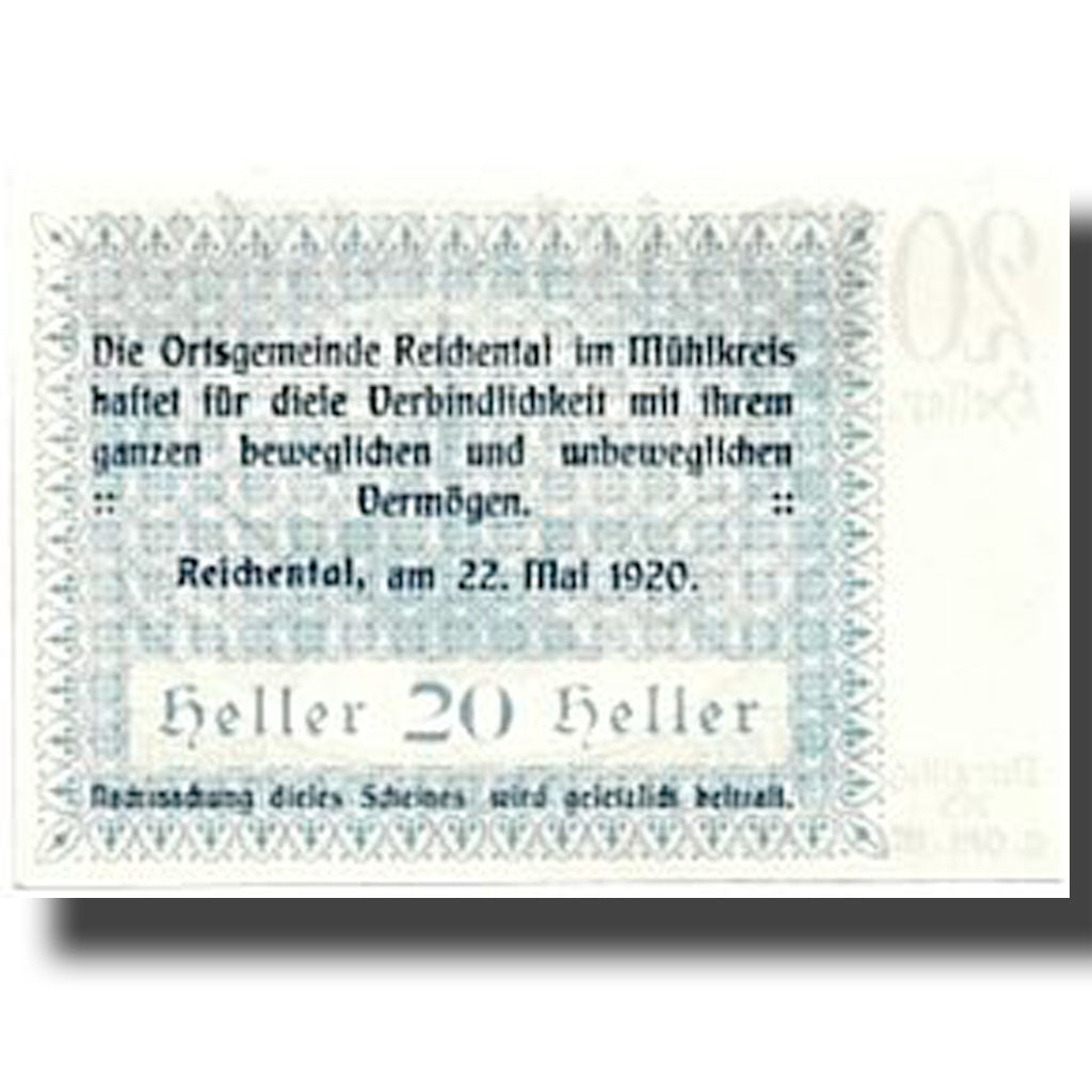 Banknote, Austria, Reichental, 20 Heller, paysage, UNC(63), Mehl:827 1a