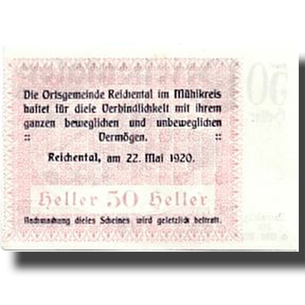 Billet, Autriche, Reichental, 50 Heller, paysage, SPL, Mehl:827 1a