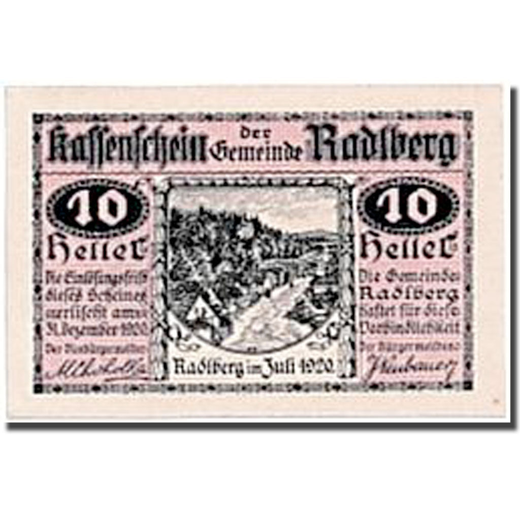 Banknote, Austria, Radlberg, 10 Heller, paysage, 1920, UNC(63), Mehl:810
