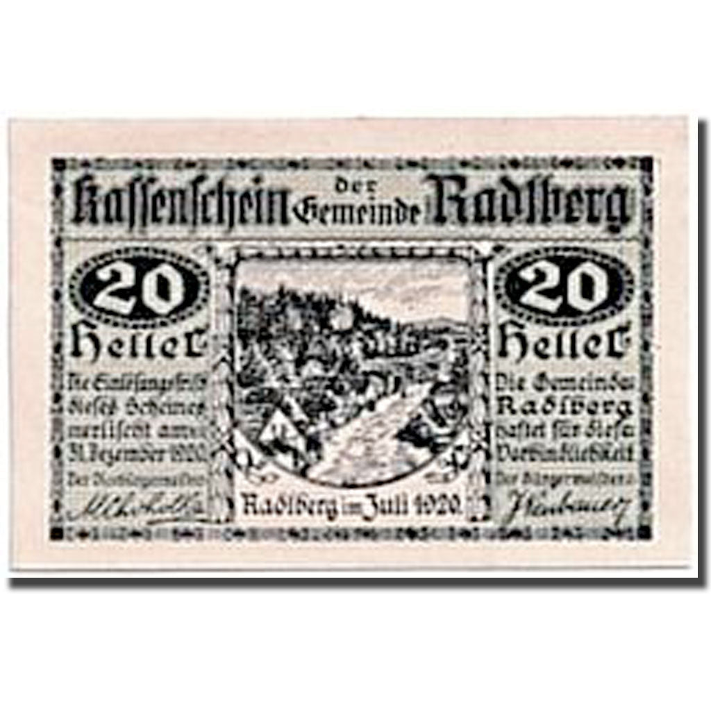 Banknote, Austria, Radlberg, 20 Heller, paysage, 1920, UNC(63), Mehl:810