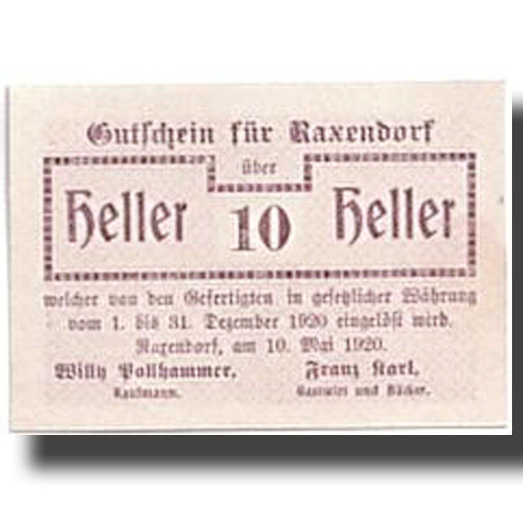 Banknot, Austria, Raxendorf, 10 Heller, graphique, 1920, 1920-05-10, UNC(63)