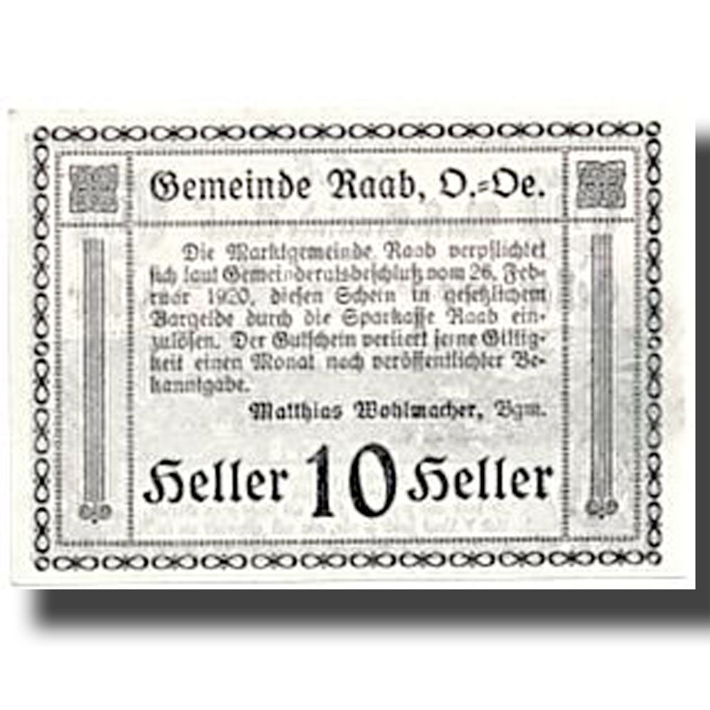 Banknote, Austria, Raab, 10 Heller, paysage, 1920, 1920-02-20, UNC(63), Mehl:805