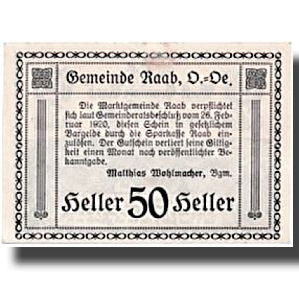 Banknote, Austria, Raab, 50 Heller, paysage 1, 1920, 1920-02-20, UNC(63)