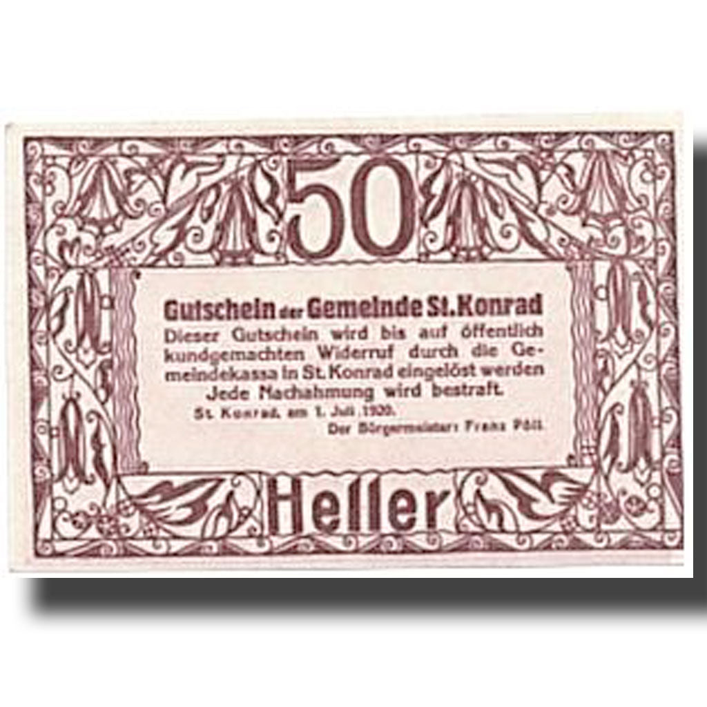 Banknote, Austria, ST KONRAD, 50 Heller, paysage, 1920, 1920-07-01, UNC(63)