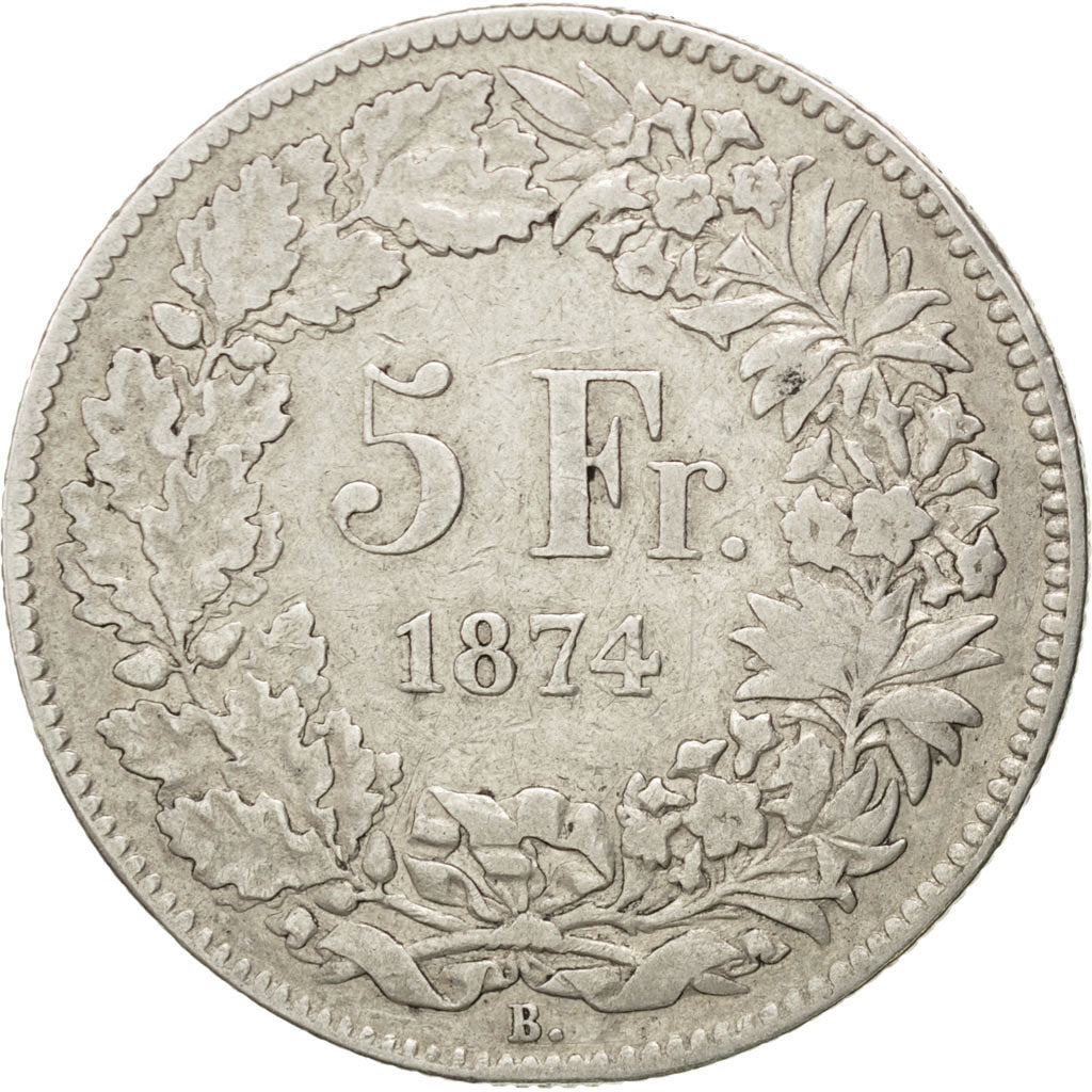 Svizzera, 5 Francs, 1874, Brussels, MB, Argento, KM:11