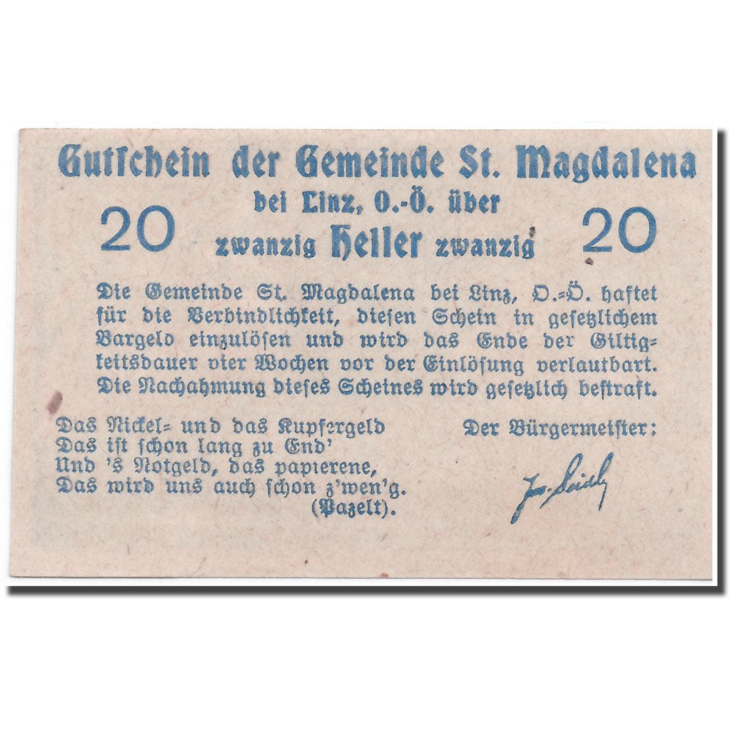 Geldschein, Österreich, St Magdalena, 20 Heller, paysage, UNZ-, Mehl:906