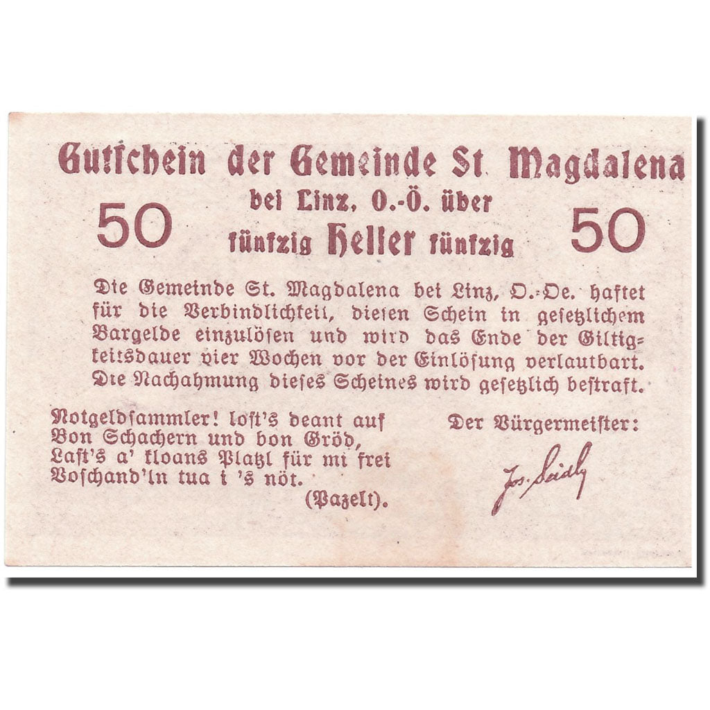 Geldschein, Österreich, St Magdalena, 50 Heller, paysage, UNZ-, Mehl:906