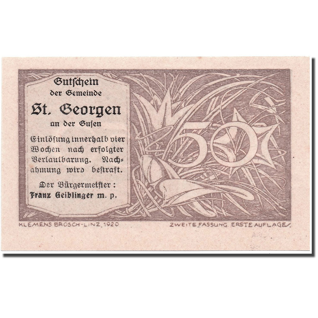 Geldschein, Österreich, St Georgen, 50 Heller, paysage, UNZ-, Mehl:886