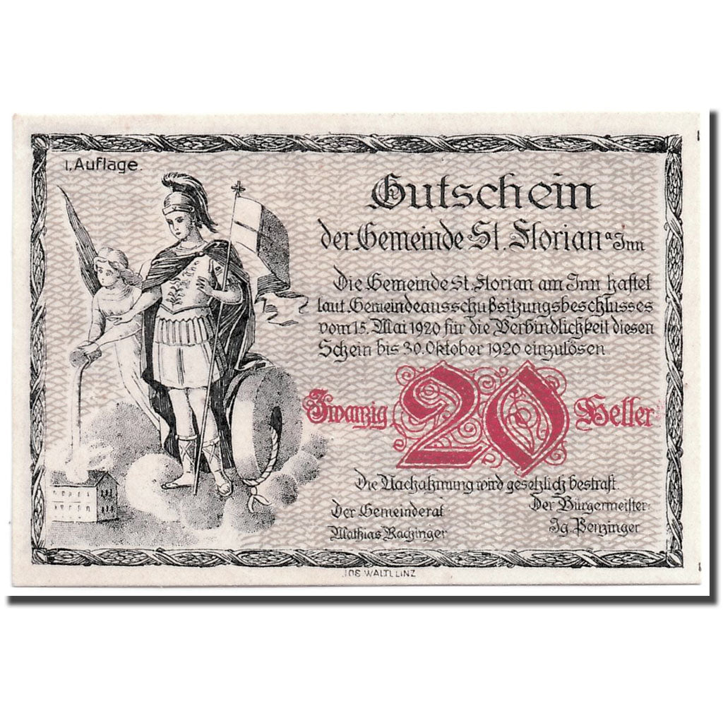 Banknote, Austria, St Florian, 20 Heller, personnage, 1920, 1920-05-15, UNC(63)