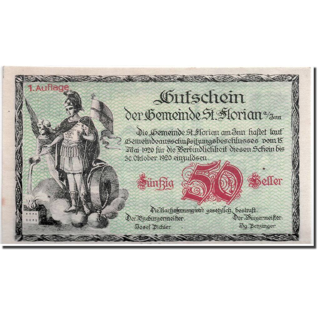 Banknote, Austria, St Florian, 50 Heller, personnage, 1920, 1920-05-15, UNC(63)