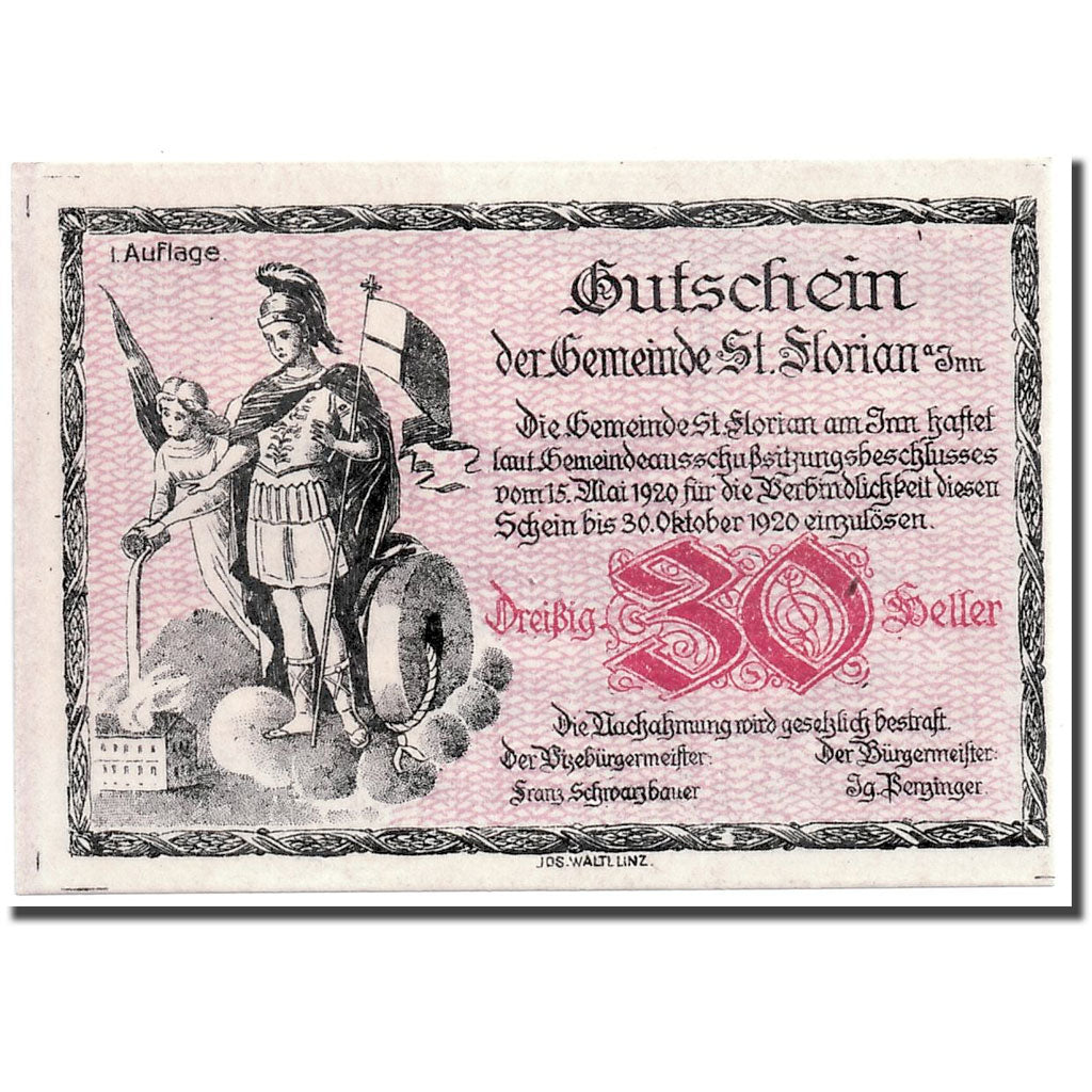 Banknote, Austria, St Florian, 30 Heller, personnage, 1920, 1920-05-15, UNC(63)