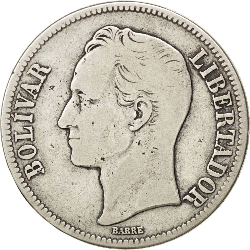VENEZUELA, Gram 25, 5 Bolivares, 1929, KM #24.2, VF(20-25), Silver, 37, 24.59