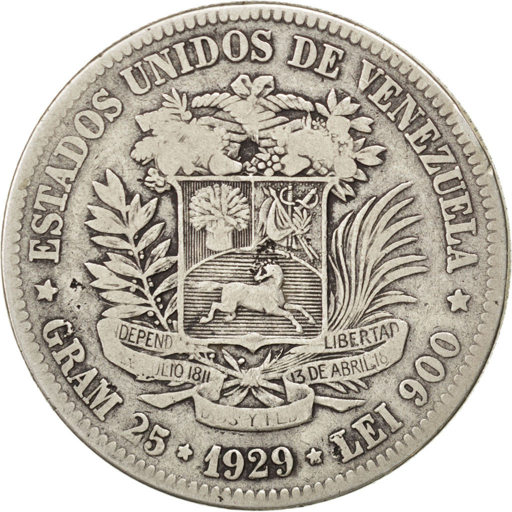 VENEZUELA, Gram 25, 5 Bolivares, 1929, KM #24.2, VF(20-25), Silver, 37, 24.59