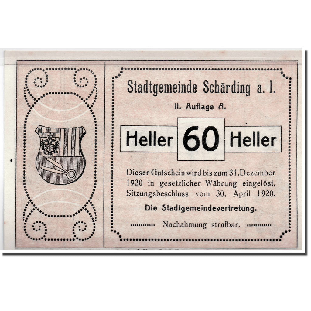 Banknote, Austria, Schärding, 60 Heller, pont, 1920, 1920-04-30, UNC(63)