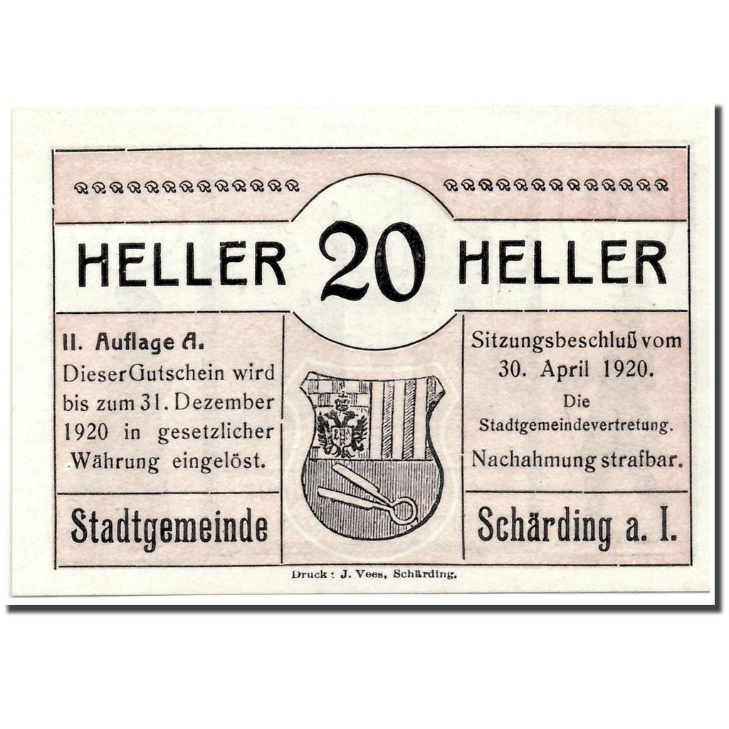 Banconote, Austria, Schärding, 20 Heller, paysage, 1920, 1920-04-30, SPL