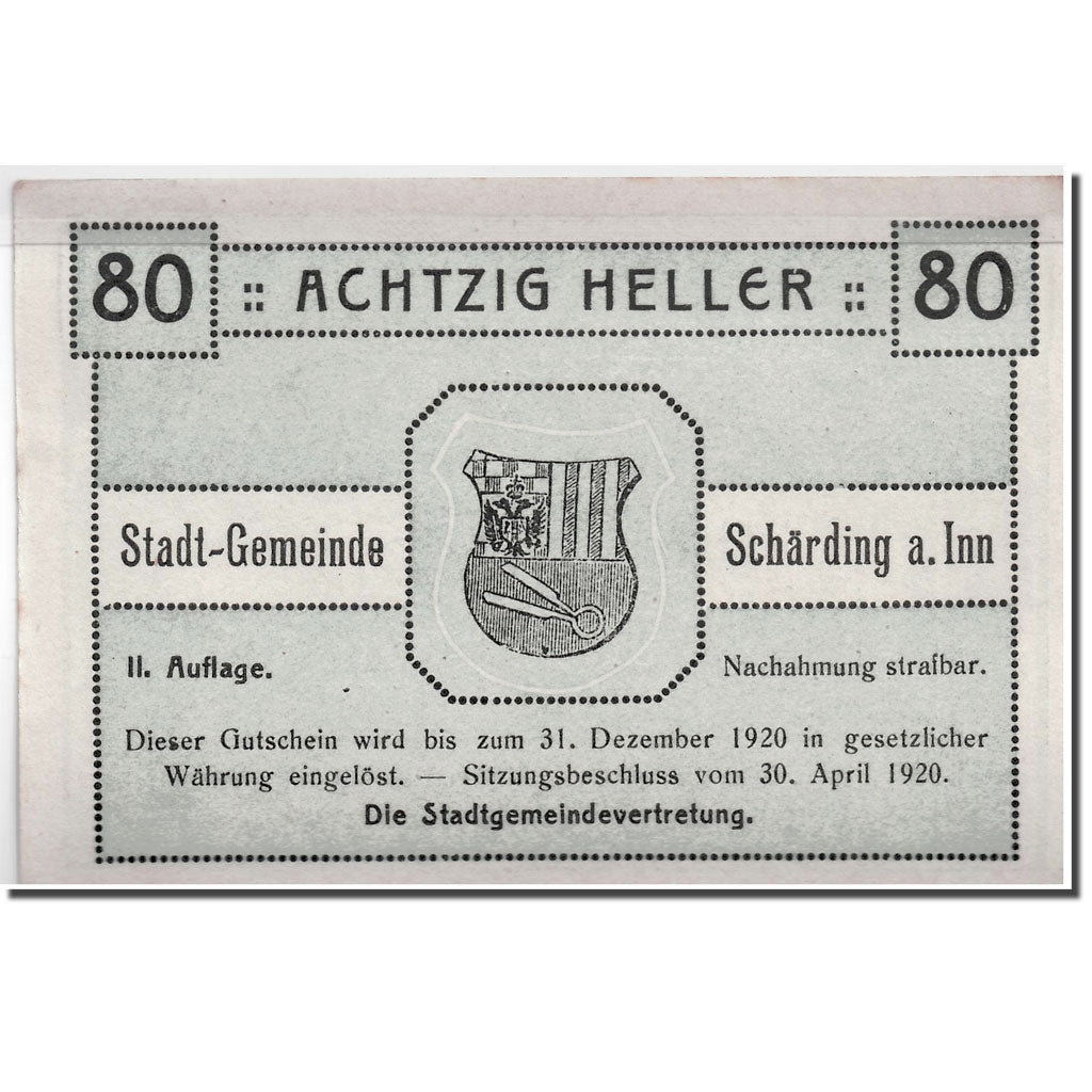 Banknote, Austria, Schärding, 80 Heller, rempart, 1920, 1920-04-30, UNC(63)