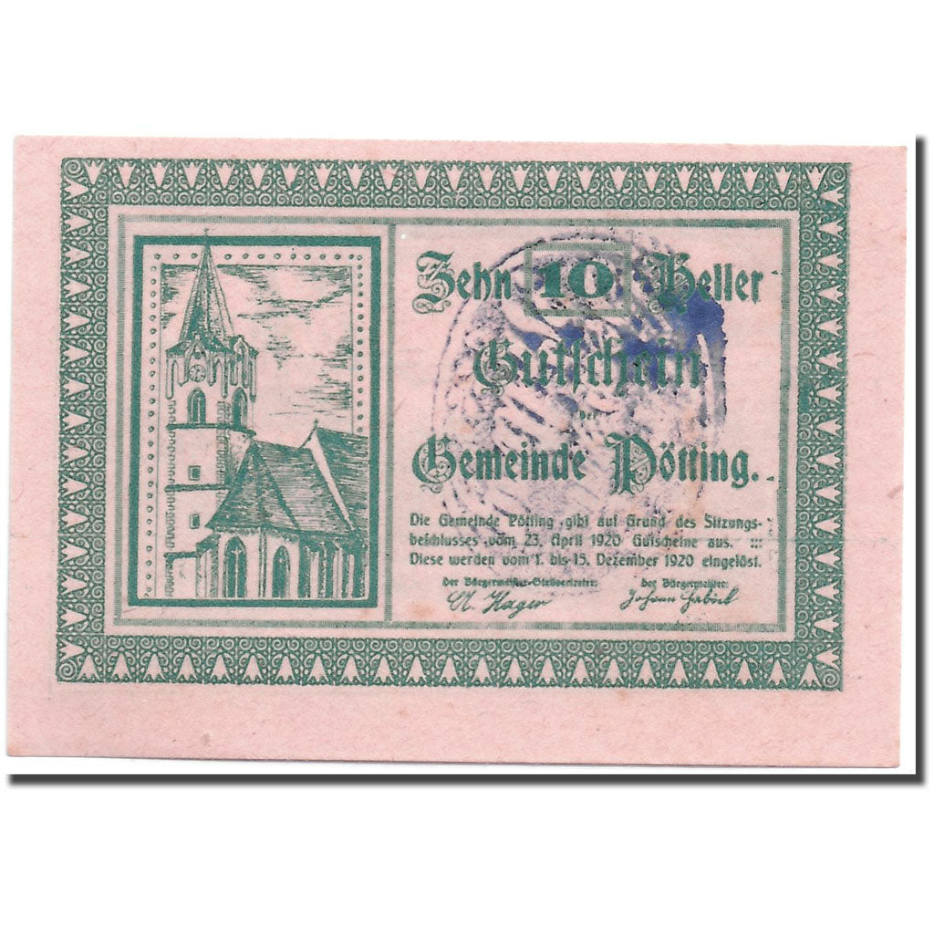 Banknote, Austria, Pötting, 10 Heller, Eglise, 1920, 1920-04-23, UNC(63)