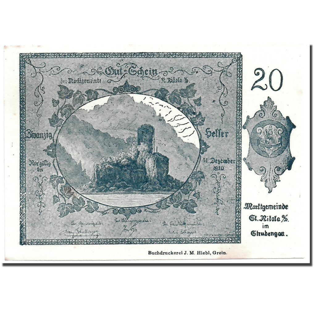 Geldschein, Österreich, St Nikola ad Donau, 20 Heller, paysage, UNZ-, Mehl:914