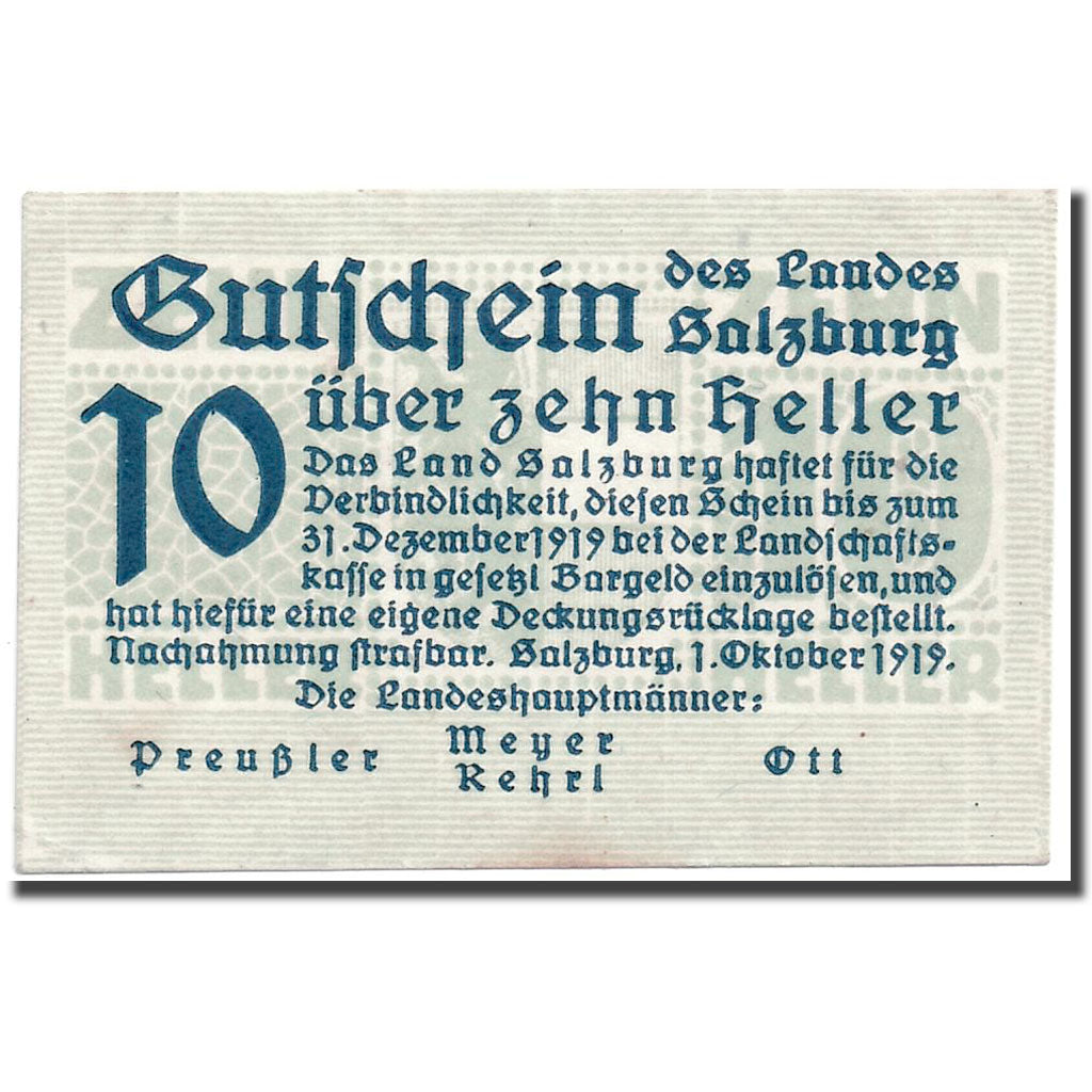 Banknote, Austria, Salzburg, 10 Heller, graphique, 1919, 1919-10-01, UNC(63)