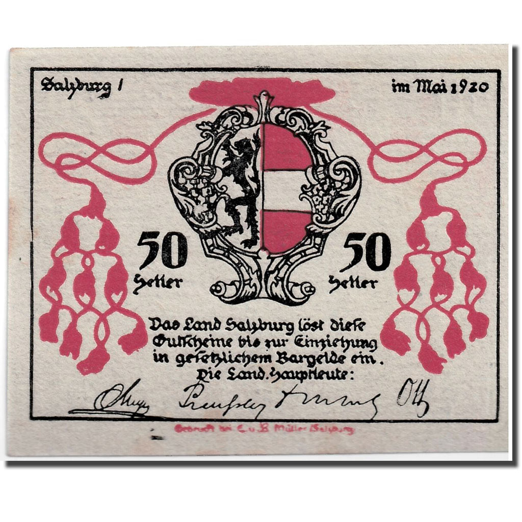 Banknote, Austria, Salzburg, 50 Heller, paysage, 1919, 1919-10-01, UNC(63)