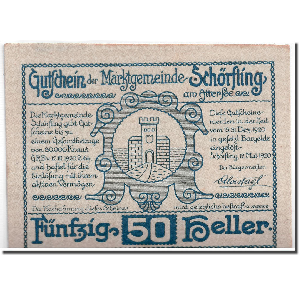 Banknote, Austria, Schörfling am Attersee O.Ö. Marktgemeinde, 50 Heller