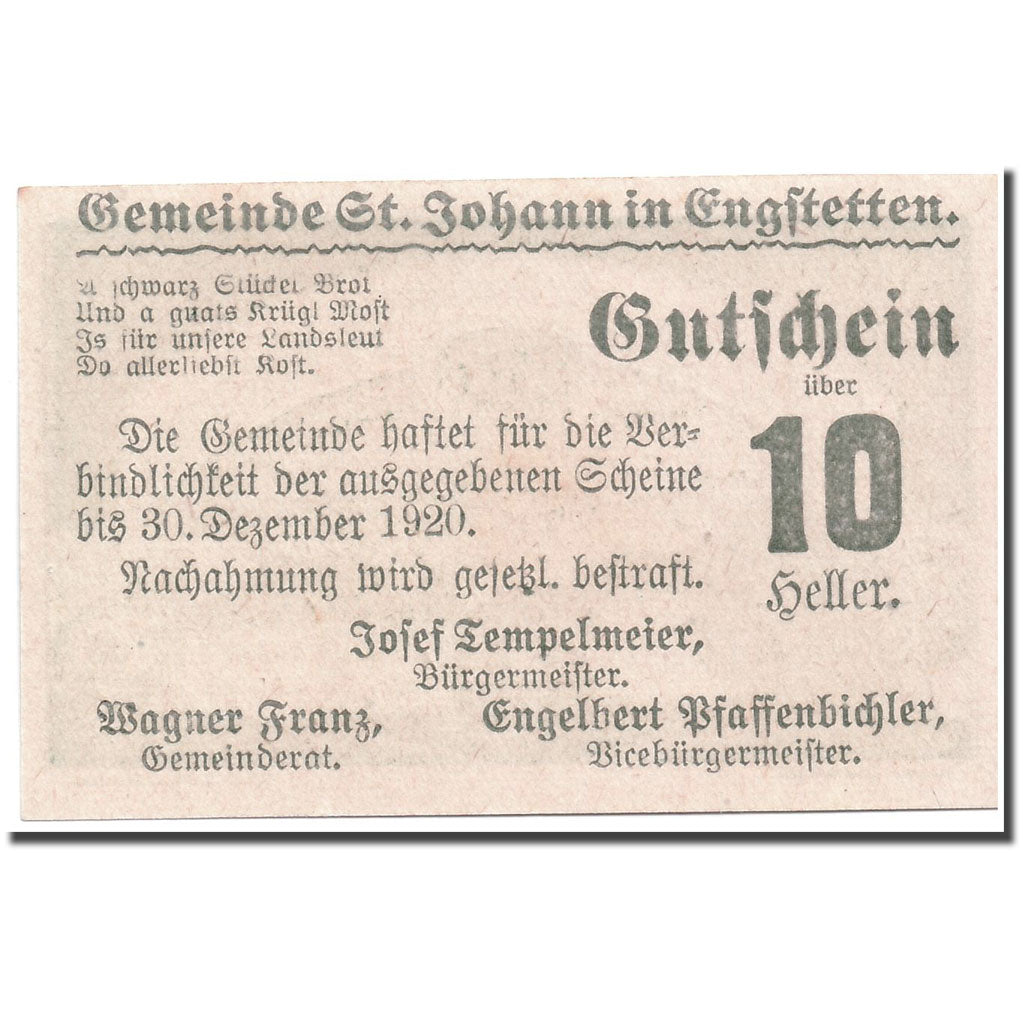 Banknote, Austria, St Johann in Engstetten, 10 Heller, paysage, UNC(63)