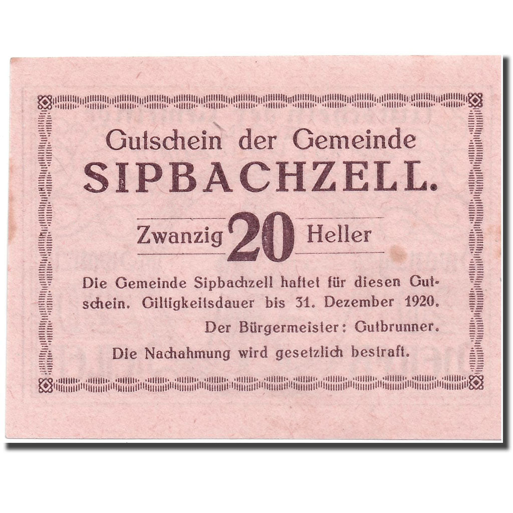 Geldschein, Österreich, Sipbachzell, 20 Heller, graphique, 1920, UNZ-