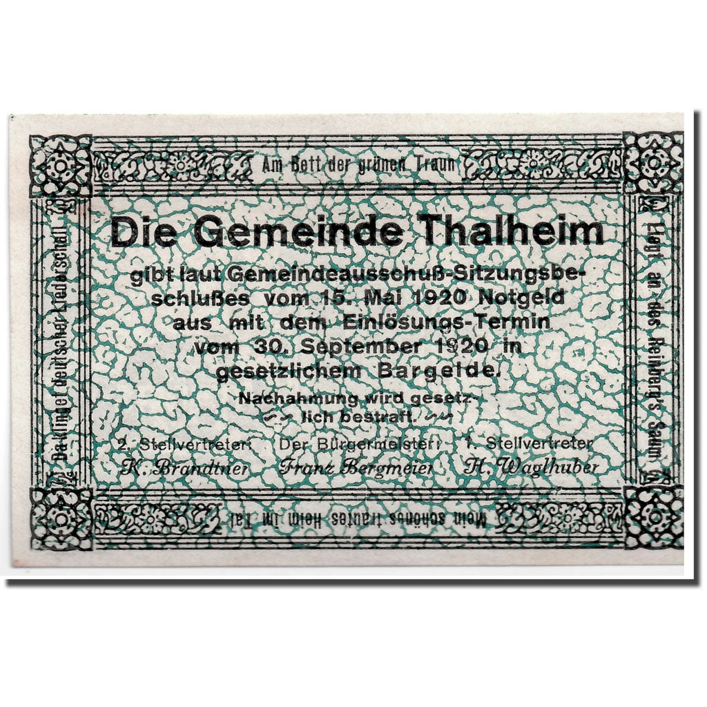 Banknote, Austria, Thalheim bei Wels, 50 Heller, Eglise, 1920, 1920-05-15