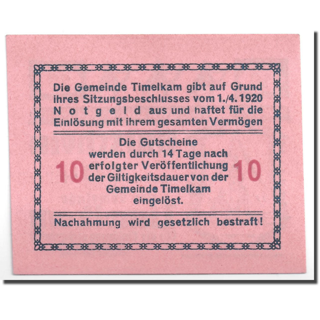 Banknote, Austria, Timelkam, 10 Heller, personnage 1, 1920, 1920-04-01, UNC(63)