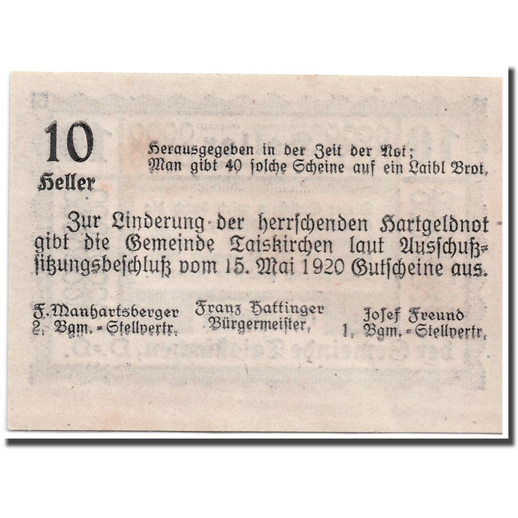 Geldschein, Österreich, Taiskirchen, 10 Heller, graphique, 1920, 1920-05-15