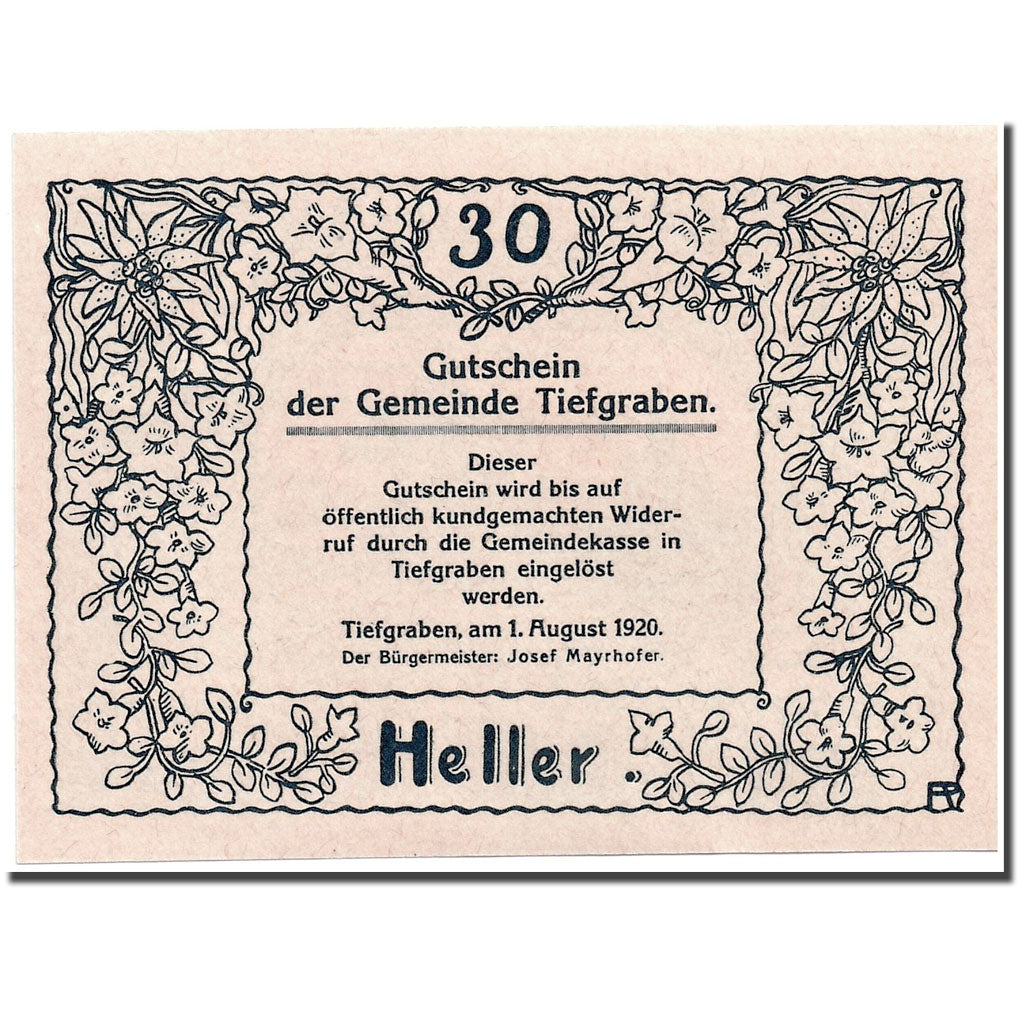 Banknote, Austria, Tiefgraben, 30 Heller, paysage, 1920, 1920-08-01, UNC(63)