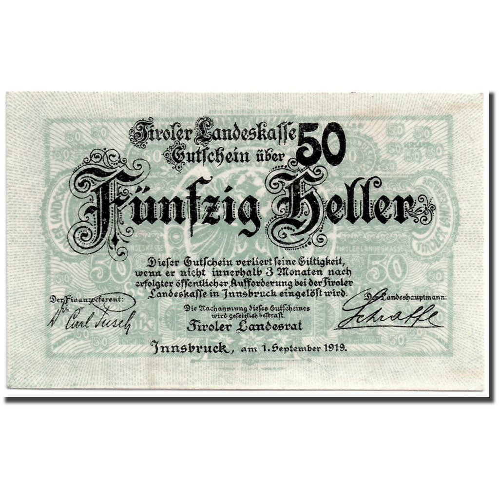 Banknote, Austria, Innsbruck, 50 Heller, Ecusson, 1919, 1919-09-01, UNC(63)