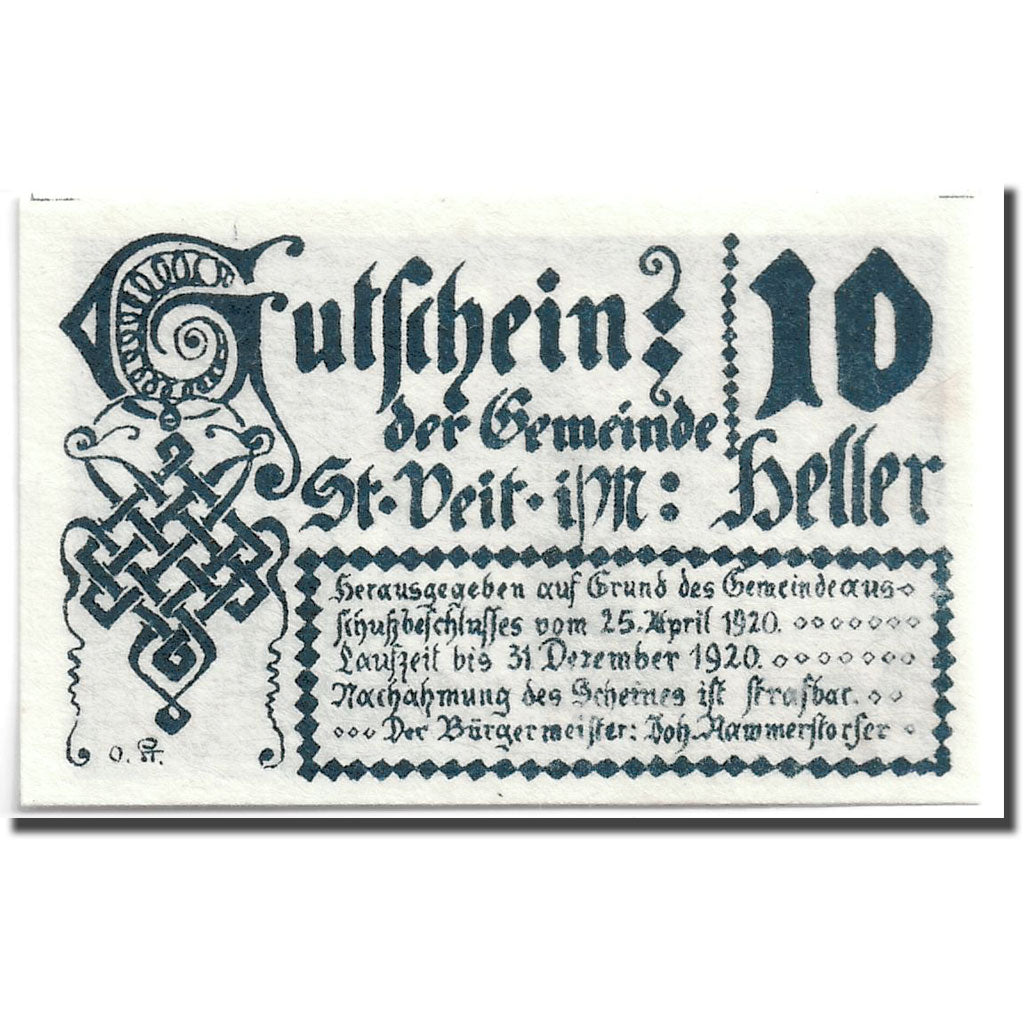 Geldschein, Österreich, St. Veit Im Muhlkreis, 10 Heller, Maison, 1920