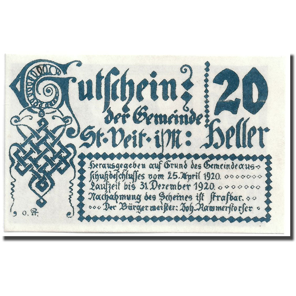 Banknote, Austria, St. Veit Im Muhlkreis, 20 Heller, Maison, 1920, 1920-04-25