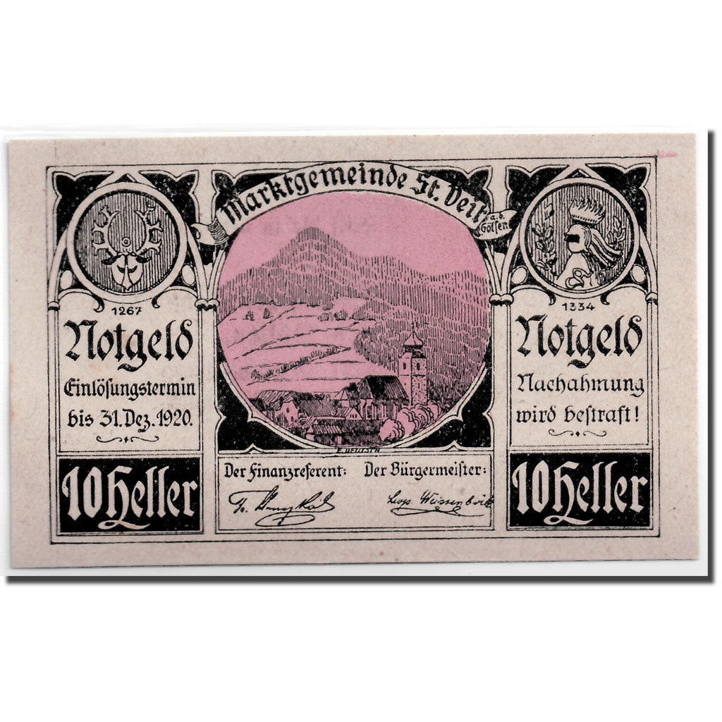 Banknote, Austria, St Veit a.d Gölsen, 10 Heller, paysage, 1920, UNC(63)